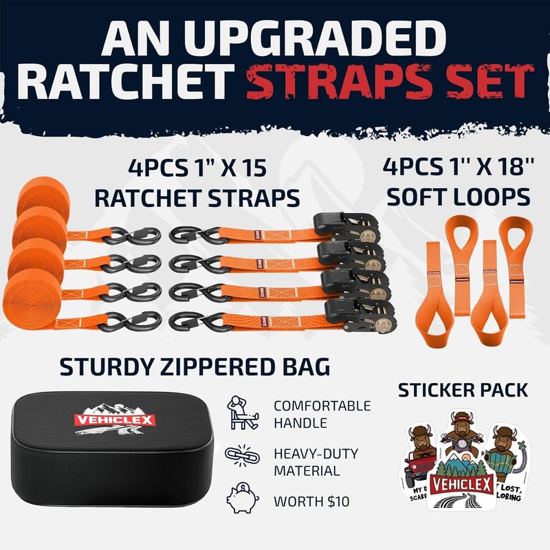 Vehiclex Ratchet Tie-Down Straps Set - (1" x 15', 2200lbs Breaking Strength) - Soft Loops, Coated S-Hooks, Storage Bag for ATV, Motorcycle, Bicycle, Kayak, Cargo Securing, Orange - Image 4